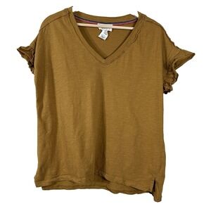 For The Republic Women's Tee Mustard Cotton V Neck‎ Ruffle Short Sleeves Size XS
